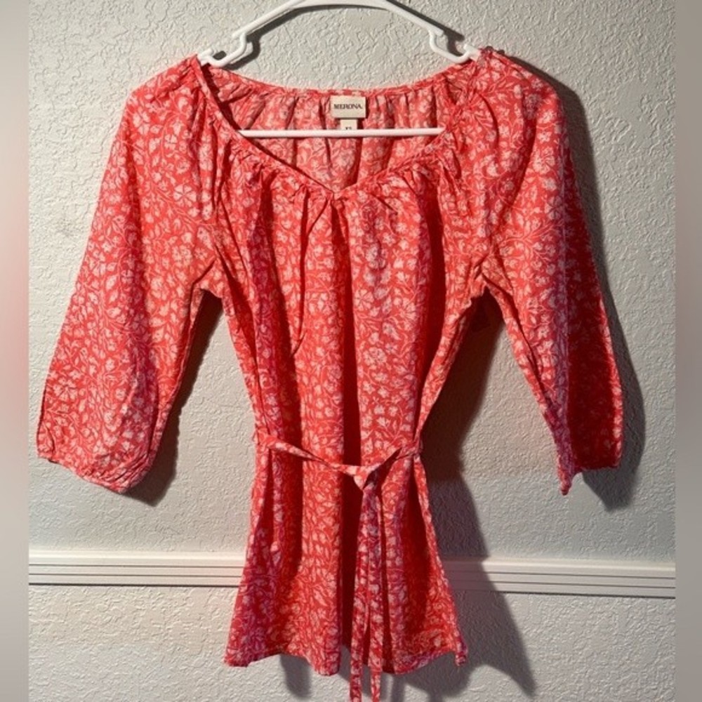 Merona floral self belted blouse